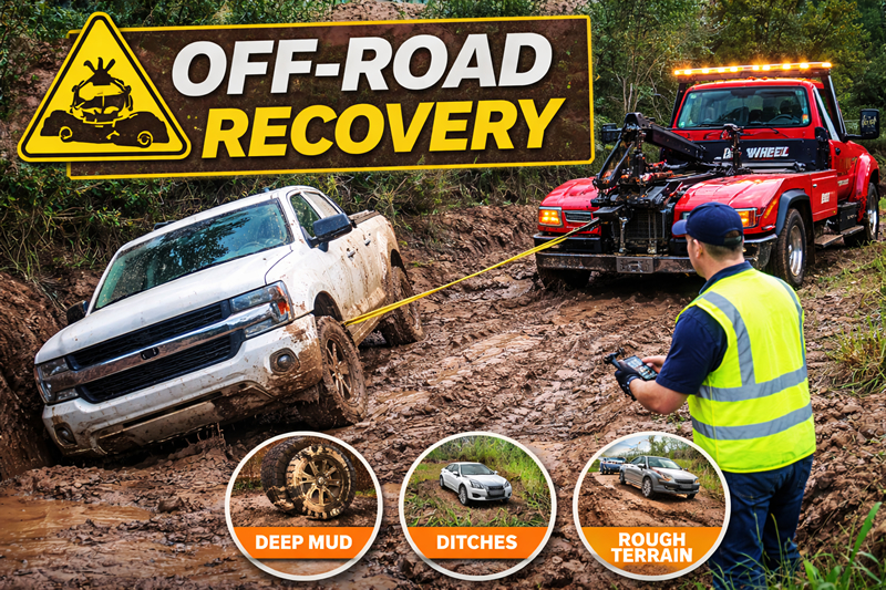 photo shows Big Wheel Wrecker Service tow truck recovering a stuck 4x4 on a muddy trail