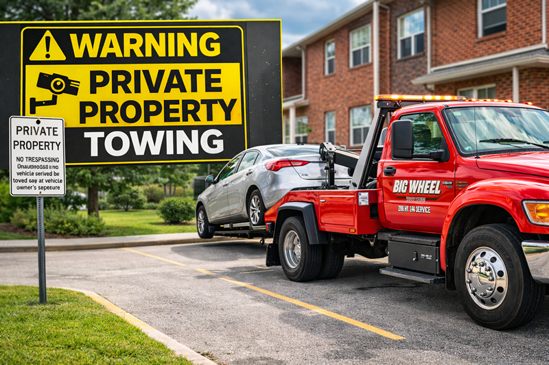 photo shows Big Wheel Wrecker Service tow truck towing a car next to private property sign